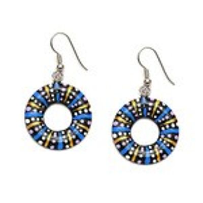 Blue and golden rays spotty coconut shell donut hoop drop earrings