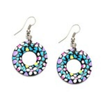 Hand painted white flower with purple and blue petals coconut shell donut hoop drop earrings