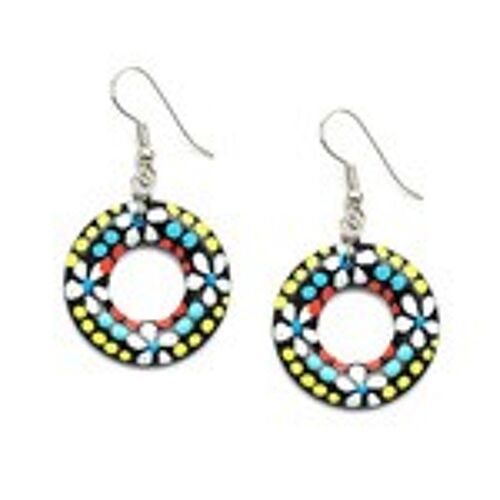 Hand painted white flower with spots coconut shell drop earrings