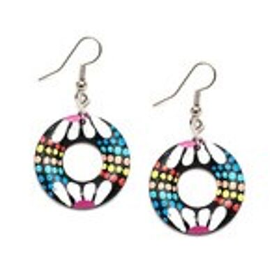 Hand painted white flower with colourful dots coconut shell donut hoop drop earrings