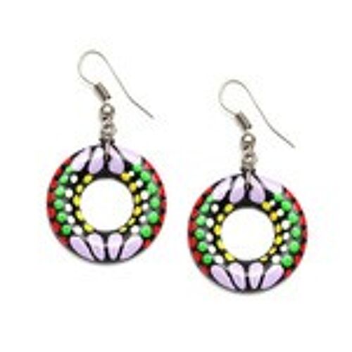 Hand painted lilac flower with colourful dots coconut shell donut hoop drop earrings