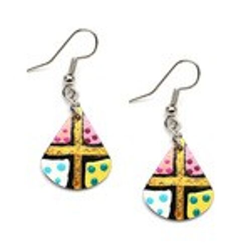 Gold-coloured cross with spots coconut shell teardrop dangle earrings