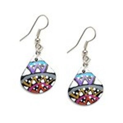 Hand painted vibrant zig zag flowers coconut shell teardrop dangle earrings