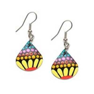 Hand painted vibrant dots with yellow zinnia coconut shell teardrop dangle earrings