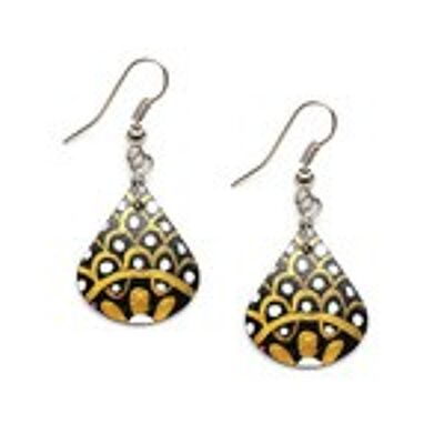 Hand painted vivid white and gold-colour overlapping petals coconut shell teardrop dangle earrings
