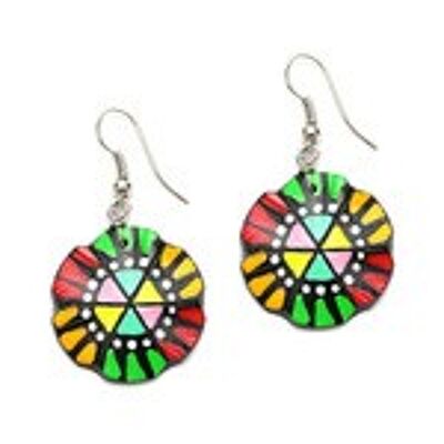 Hand painted vibrant red and green flower coconut shell drop earrings