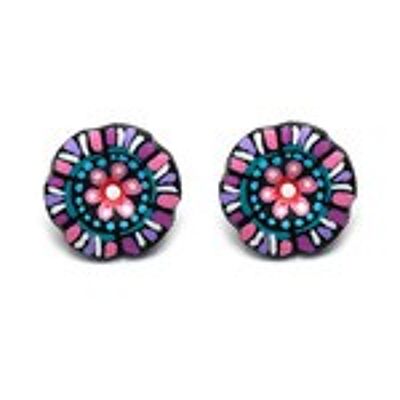 Hand painted vibrant pink dotty flower button coconut shell stud earrings with plastic posts