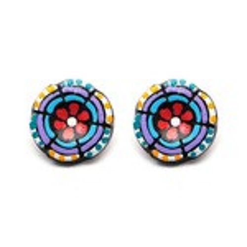 Red Flower in Blue Circles Coconut Earrings