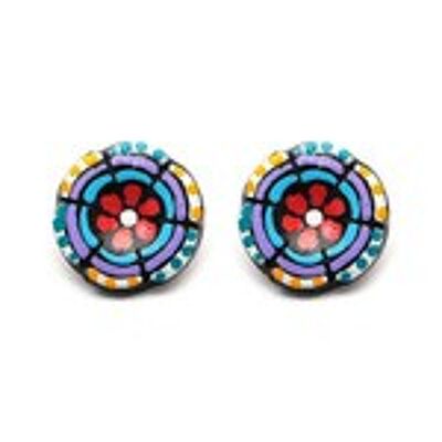 Boucles d'Oreilles Noix de Coco Fleur Rouge dans Cercles Bleus