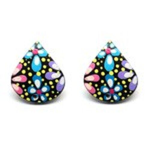 Hand painted vibrant flowers with yellow dots coconut shell teardrop stud earrings with plastic posts