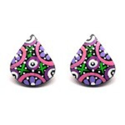 Hand painted purple flower with green cross coconut shell teardrop stud earrings with plastic posts