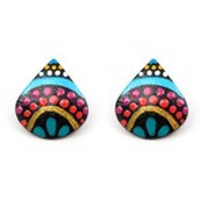Hand painted teal flower with vivid dots coconut shell teardrop stud earrings with plastic posts