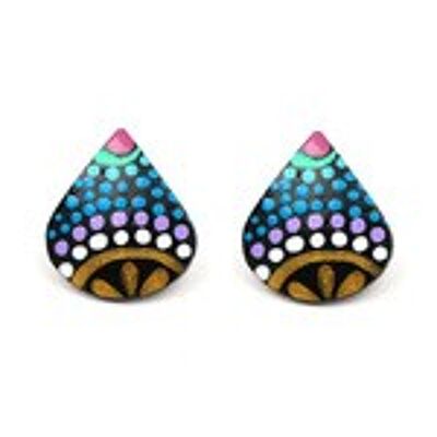 Hand painted golden flower with dots coconut shell teardrop stud earrings with plastic posts