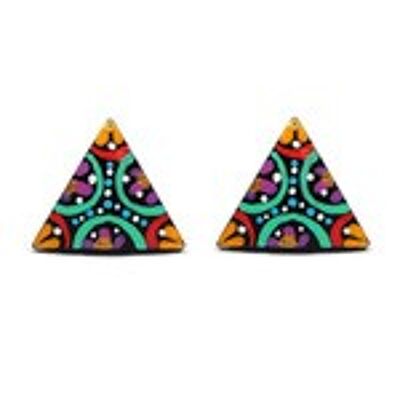 Hand painted vibrant hidden flowers coconut shell triangle stud earrings with plastic posts