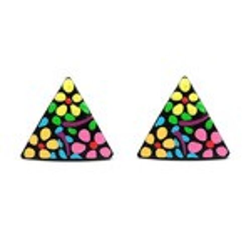 Hand painted vibrant wild flowers coconut shell triangle stud earrings with plastic posts