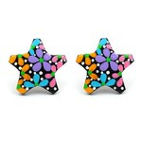 Hand painted vivid flower coconut shell star stud earrings with plastic posts