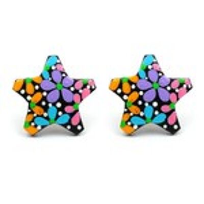 Hand painted vivid flower coconut shell star stud earrings with plastic posts
