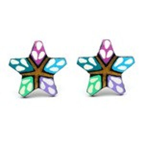 Vibrant hand painted blue purple green star coconut shell stud earrings with plastic posts