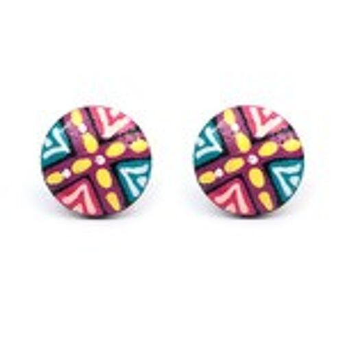 Round hand painted vibrant cross wooden stud earrings with plastic posts