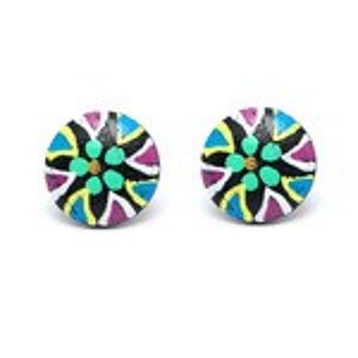 Round hand painted black and green flower wooden stud earrings with plastic posts