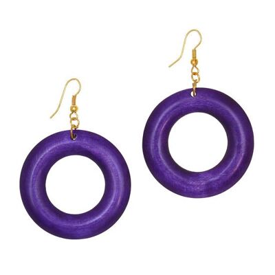 Boucles d'oreilles pendantes en bois avec anneaux de couleur violette (6,5 cm de long)