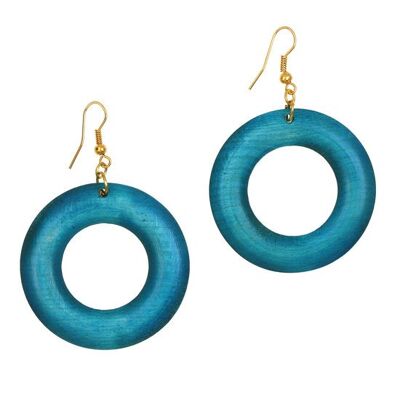 Boucles d'Oreilles Pendantes en Bois Anneaux Colorés Vert de Mer (6.5cm de long)