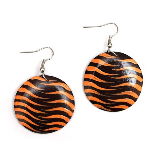 Eye-catching black and orange zebra inspired disc wooden drop earrings
