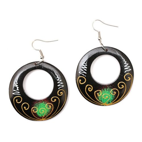 Stunning black and green swirly open disc wooden drop earrings (108474)