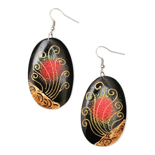 Stunning black and red peacock tail wooden drop earrings