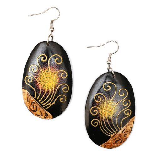 Stunning black and yellow peacock tail wooden drop earrings