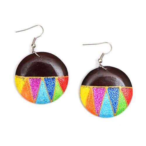 Vibrant hand-painted zig zag rainbow colour disc wooden drop earrings (108468)
