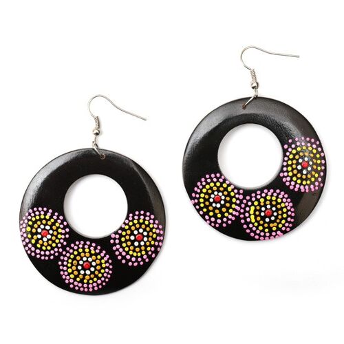 Stunning black open disc with hand-painted dots wooden drop earrings