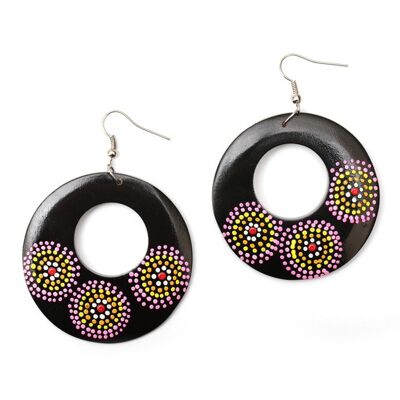 Superbes boucles d'oreilles pendantes en bois avec disque ouvert noir à pois peints à la main