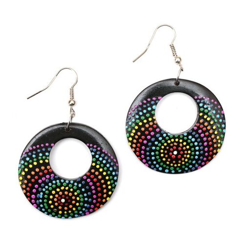 Vibrant black open disc with hand-painted rainbow dots wooden drop earrings