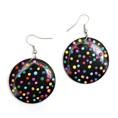 Organic black disc with colourful dots wooden drop earrings (108454)