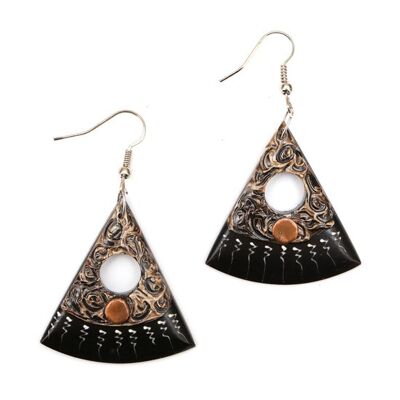 Organic black triangular fan shape wooden drop earrings