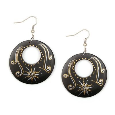 Organic black disc with tribal sun wooden drop earrings