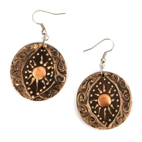 Organic brown curious eye disc wooden drop earrings