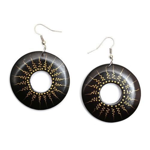 Organic black and gold colour hand-painted radius open disc wooden drop earrings (108444)