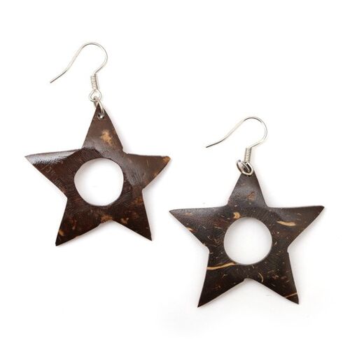 Brown open star coconut shell wooden drop earrings (108437)