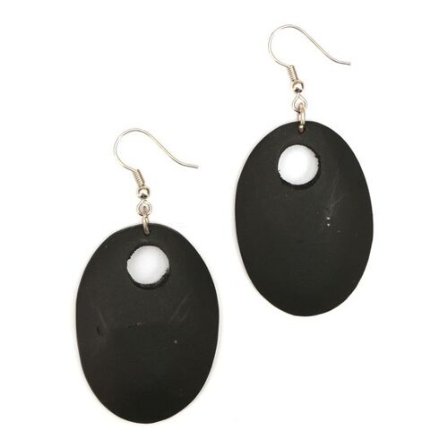 Organic black carved oval wooden drop earrings