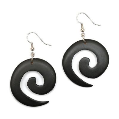 Organic black carved spiral wooden drop earrings