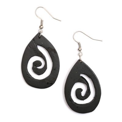 Handmade black carved spiral teardrop wooden drop earrings (108433)