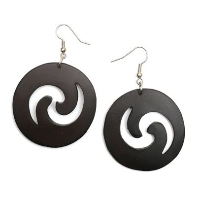 Handmade black carved tribal inspired round wooden drop earrings