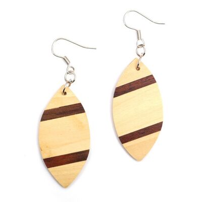 Organic carved surfboard shape two-tone brown pentagon wood drop earrings