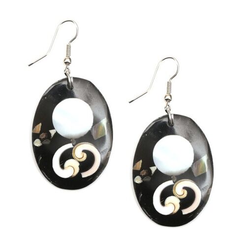 Handmade black oval resin with circle and swirl shell inlaid drop earrings (108416)