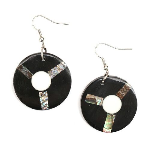 Handmade black resin with steering wheel shell inlaid drop earrings (108414)