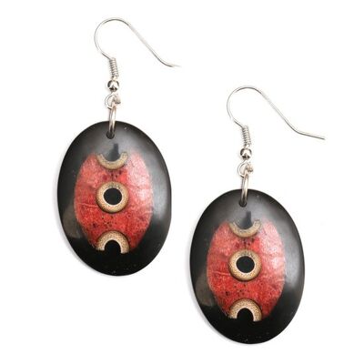 Boucles d'oreilles pendantes faites à la main en résine ovale noire et rouge avec coquillage et bambou incrustés