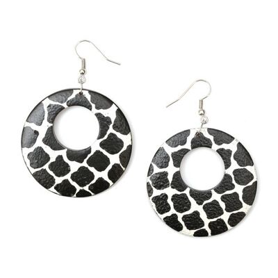 Stylish white and black leopard inspired open disc wooden drop earrings