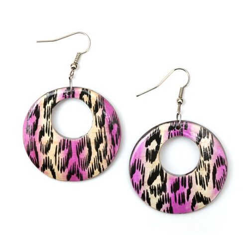 Stylish purple and black leopard inspired open disc wooden drop earrings